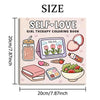 A square illustration of a self-love girl therapy coloring book featuring various cute animal and floral designs.