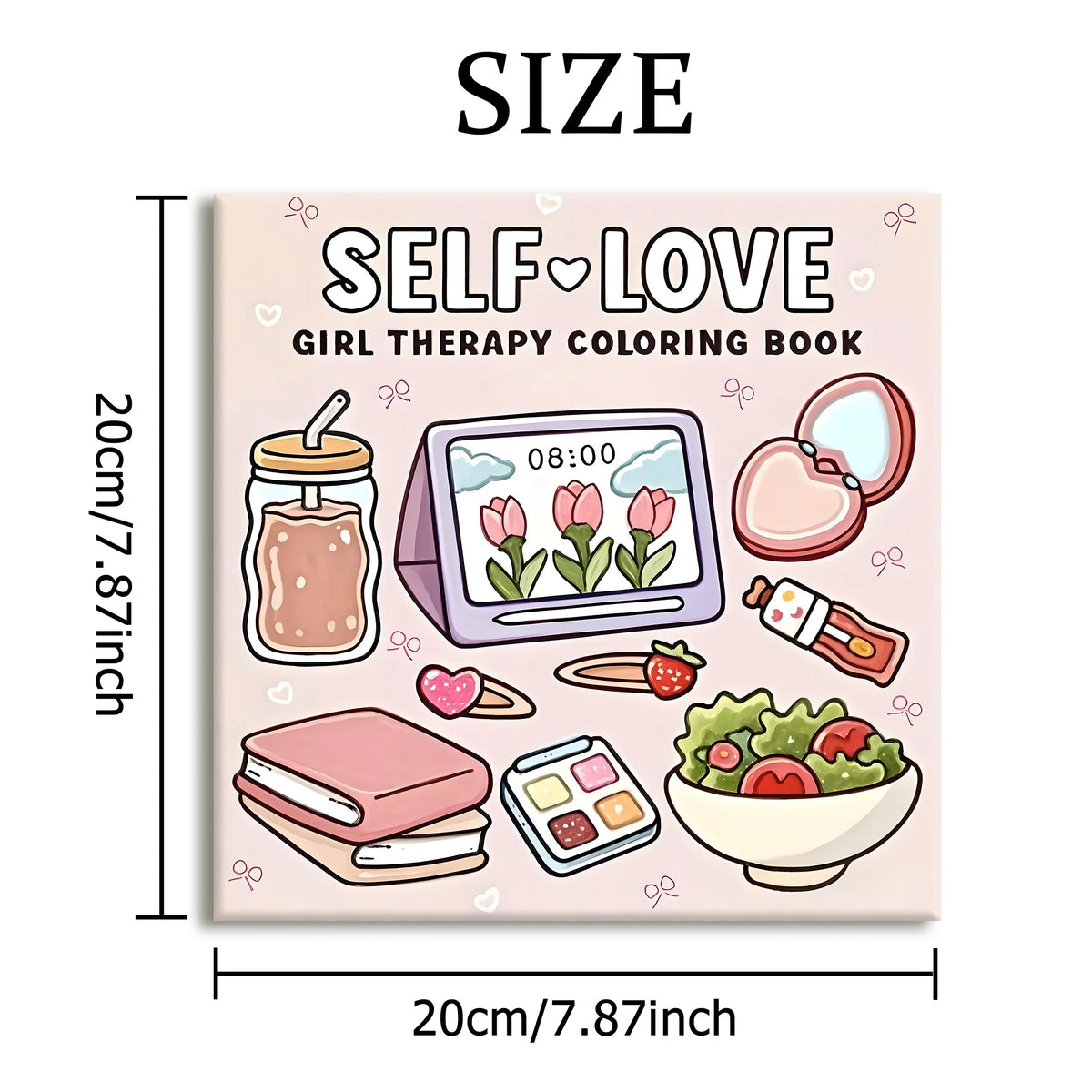 A square illustration of a self-love girl therapy coloring book featuring various cute animal and floral designs.