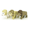 A set of six wooden building blocks shaped like African wildlife animals, including lions and a white animal.