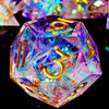A handcrafted resin polyhedral die with a purple hue and gold numbers, resting on a dark surface.