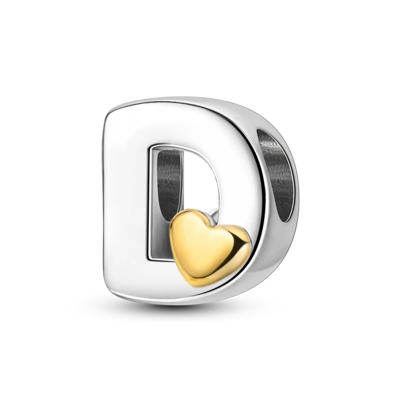 A sterling silver alphabet charm bead shaped like the letter D with a heart charm.