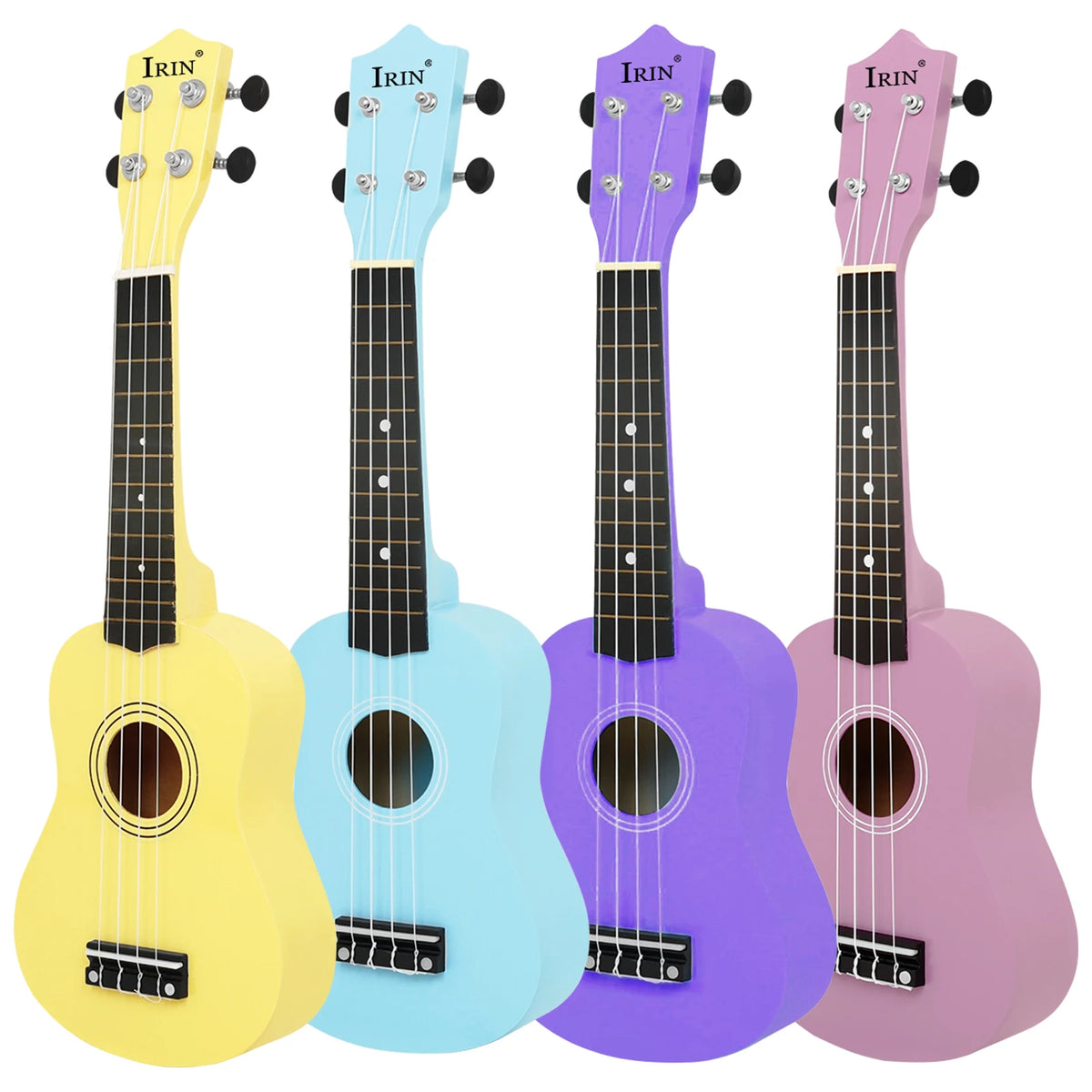 A set of four colored ukulele bodies in yellow, light blue, purple, and pink with necks and accessories.