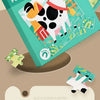 A green box of magnetic jigsaw puzzles featuring an animal, fruit, and traffic theme for children's early learning.
