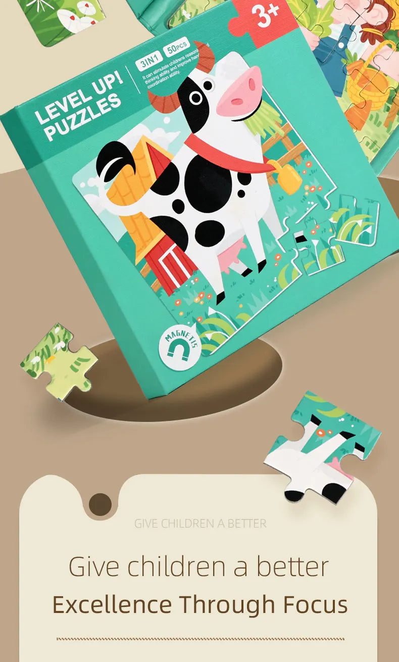 A green box of magnetic jigsaw puzzles featuring an animal, fruit, and traffic theme for children's early learning.