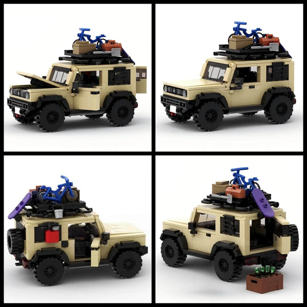 A detailed off-road SUV building block set in tan and black colors shown from the side.