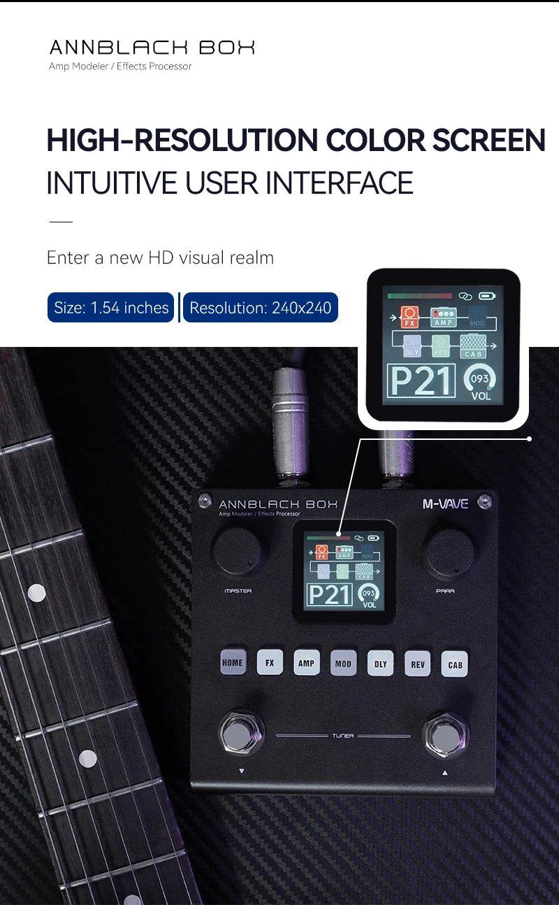 An AnnBlach Box multi-effects pedal with a high-resolution color screen connected to a guitar.
