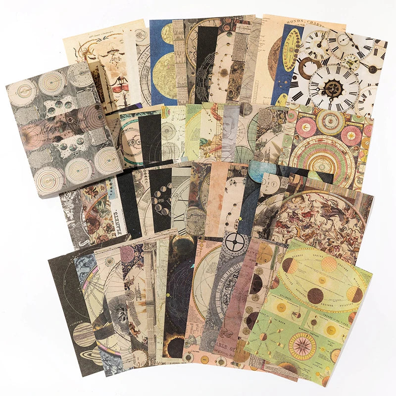 A collection of vintage scrapbook paper sheets featuring various patterns, textures, and aged tones for crafting.