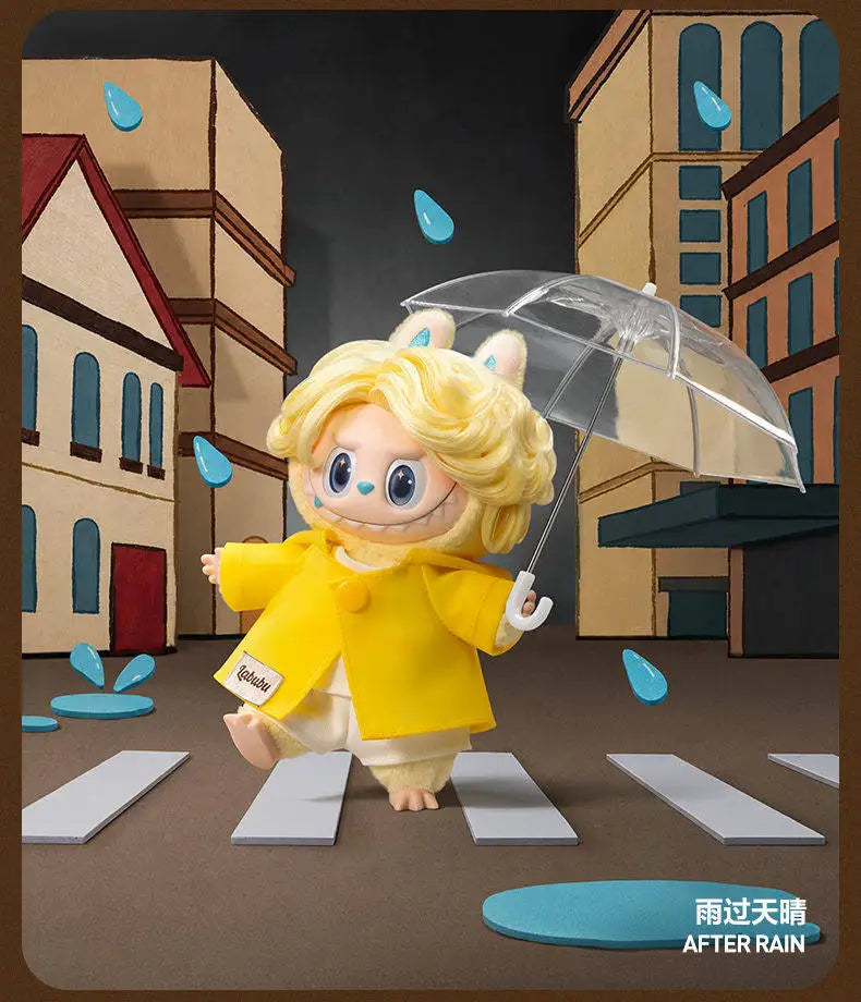 A yellow Labubu vinyl plush pendant with blonde hair is holding a clear umbrella in a dark setting.
