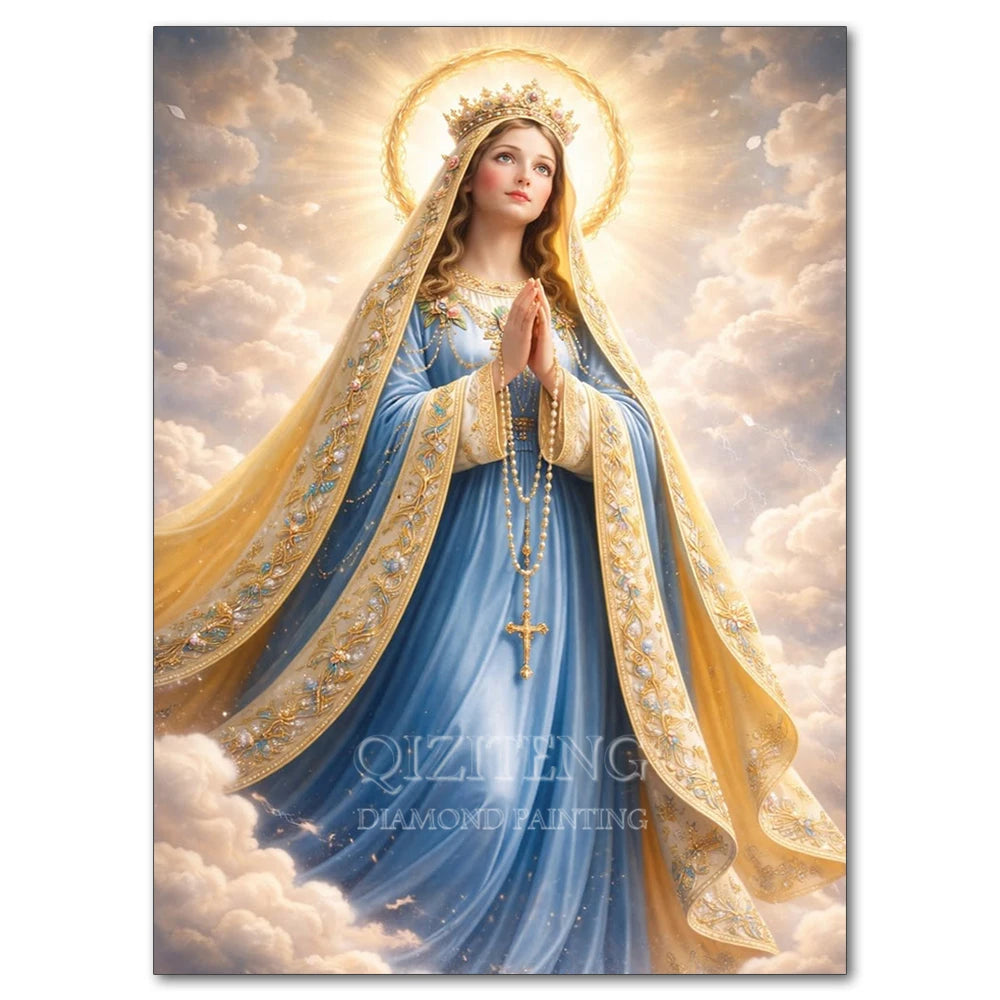 Diamond painting of Jesus and Virgin Mary with golden halo and flowing robes