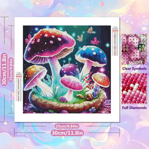 Peinture de diamant colorée avec des champignons et des éléments floraux sur fond blanc.