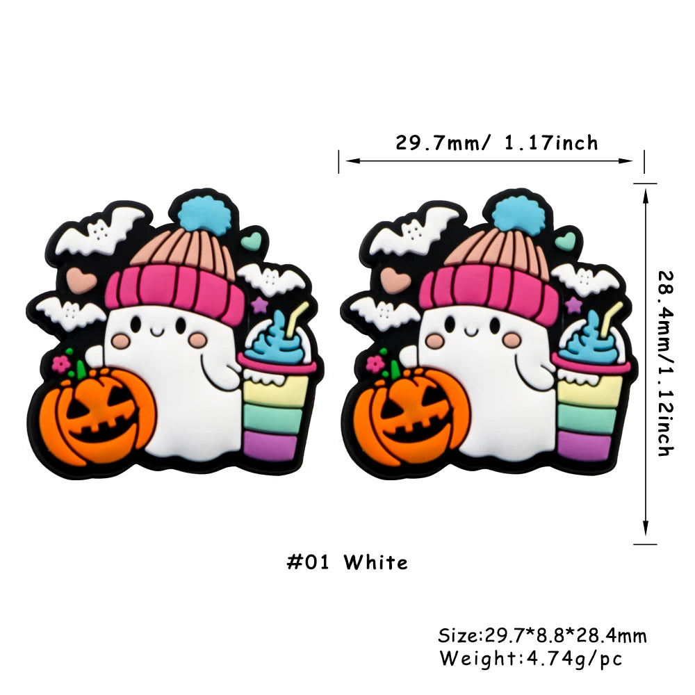 White silicone bead featuring a smiling ghost wearing a pink knitted hat and holding a striped ice cream cone.