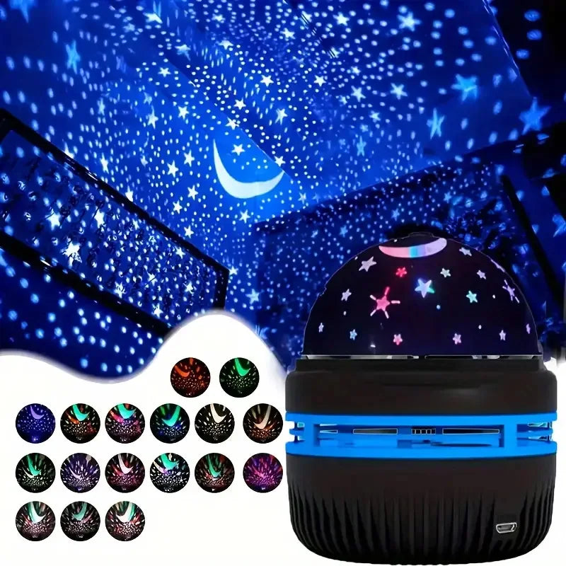Galaxy Star Projector night light showing a blue starry sky with a crescent moon and various colored light patterns
