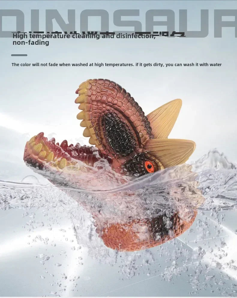 A realistic soft toy of a T-Rex dinosaur hand puppet is being washed under running water.