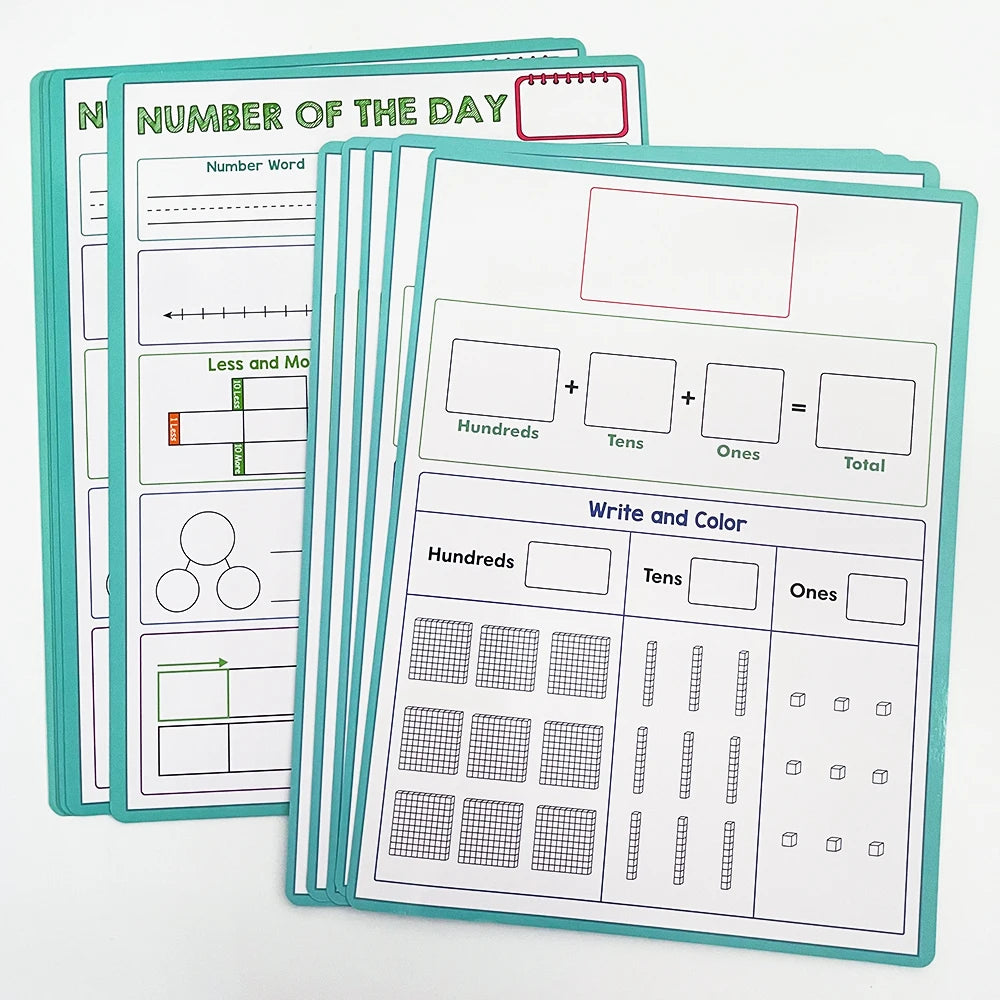 A set of number of the day maths posters for kids featuring dry erase place value and number line learning charts.