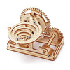 A wooden spiral marble run DIY puzzle kit featuring gears and a track for marble movement.