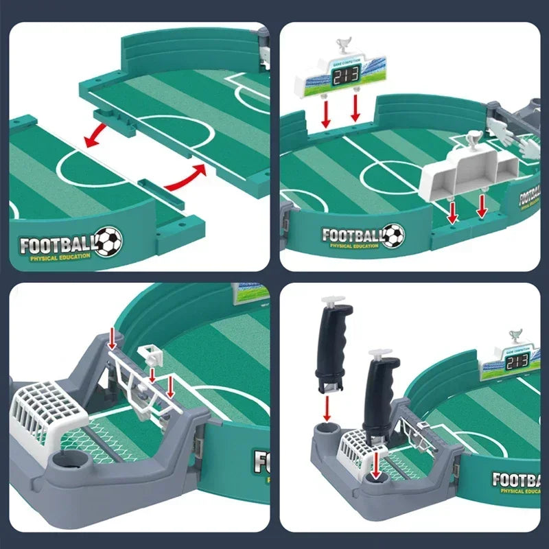 Portable tabletop foosball game with smooth-spinning rods shown in various angles and setups.