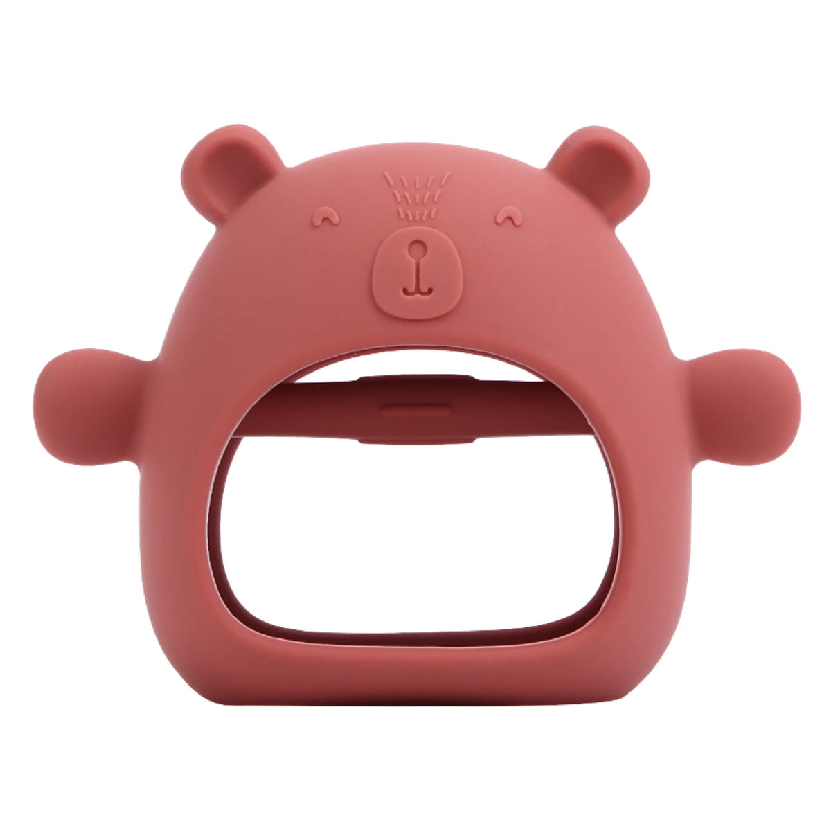 Un chupete de oso de silicona rosa diseñado para bebés y niños pequeños.