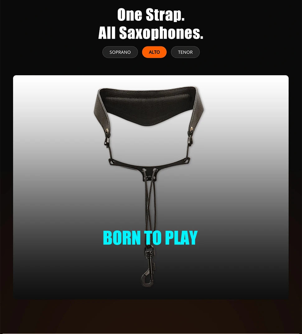 Black padded soft cowhide saxophone neck strap with a leather harness and attached cord.