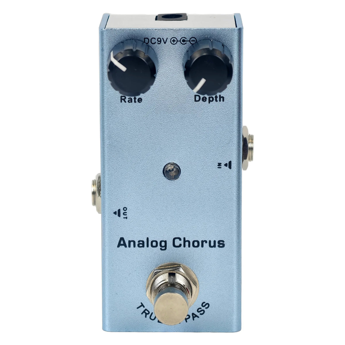 Helles blaues Multifunktions-E-Gitarren-Effektpedal mit Rate- und Tiefe-Reglern.