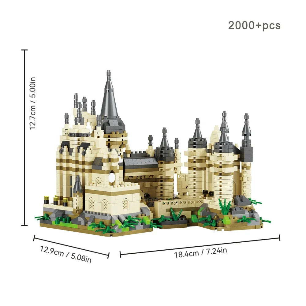 A detailed medieval castle building block set featuring stone towers and crenellations.