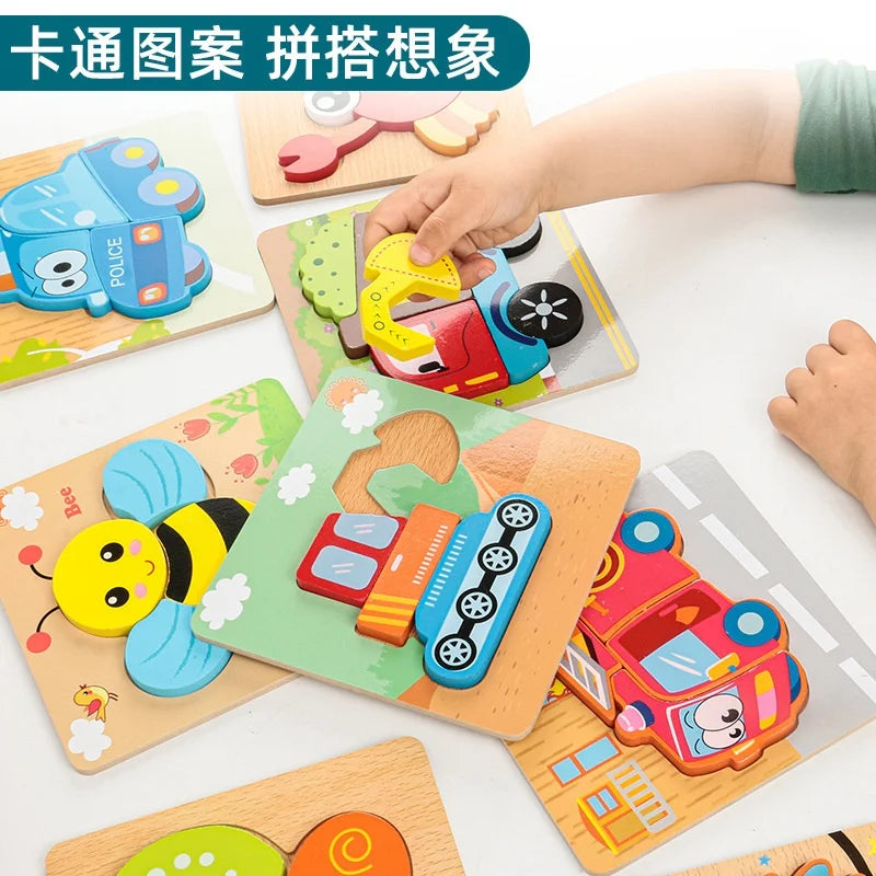 A hand is placing a piece of a wooden animal and traffic puzzle into a corresponding slot on another puzzle board.