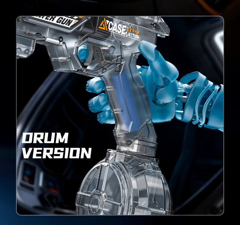 A clear plastic electric water blaster with a translucent blue handle and suction cup mechanism is shown in a close-up view.