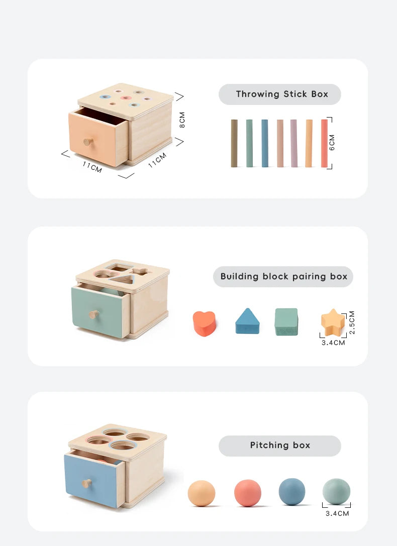 Three wooden Montessori boxes for sorting sticks, building blocks, and pitching balls.