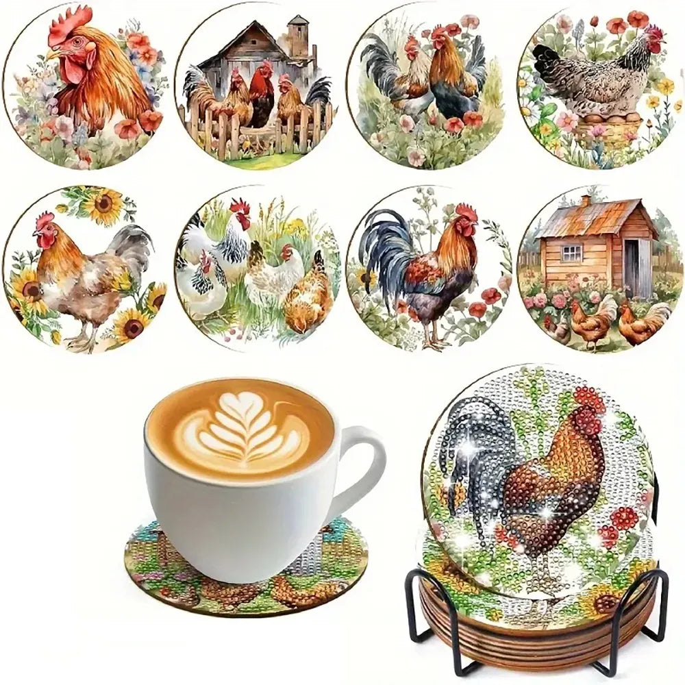 Diamond art coasters featuring various farm animals and a coffee cup.