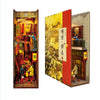 A DIY book nook kit featuring a detailed miniature scene with traditional architecture and LED lighting.