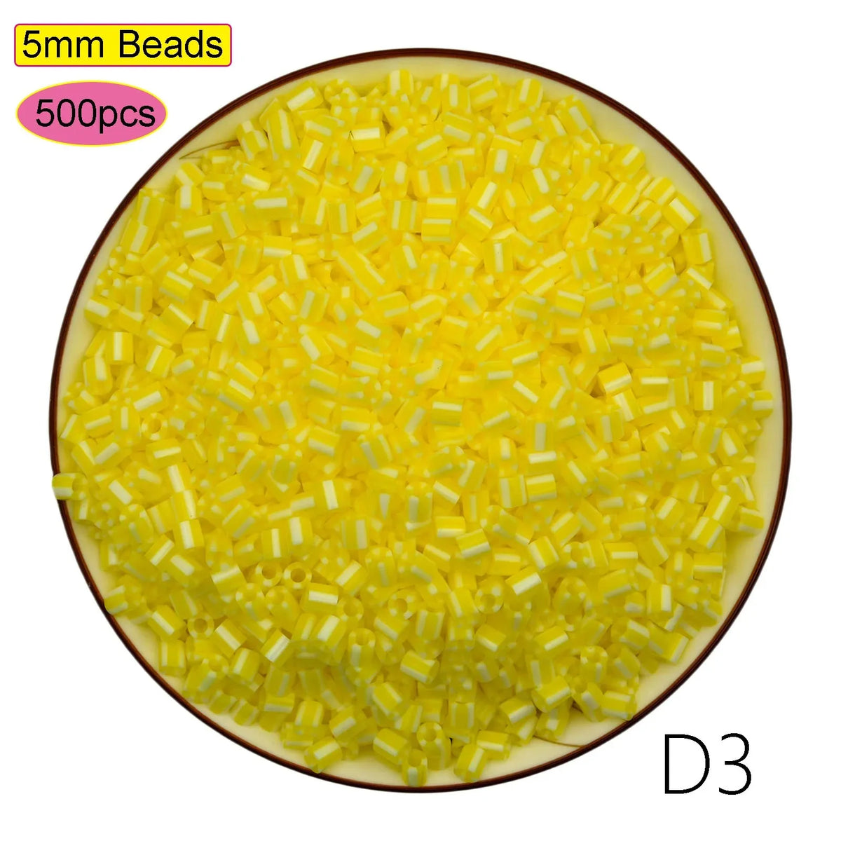 A pile of 5mm yellow beads is shown in a circular container, labeled D3.