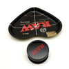 A black love-shaped metal rolling tray with a lid and a separate black grinder is shown on a white background.