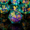A close-up shot of a set of liquid core polyhedral dice in various colors and angles.