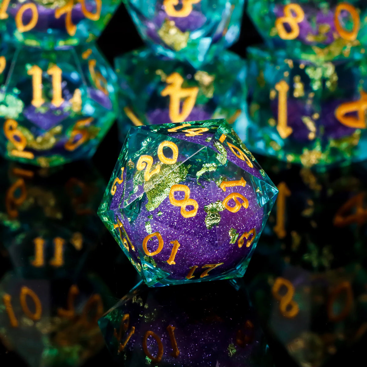 A close-up shot of a set of liquid core polyhedral dice in various colors and angles.