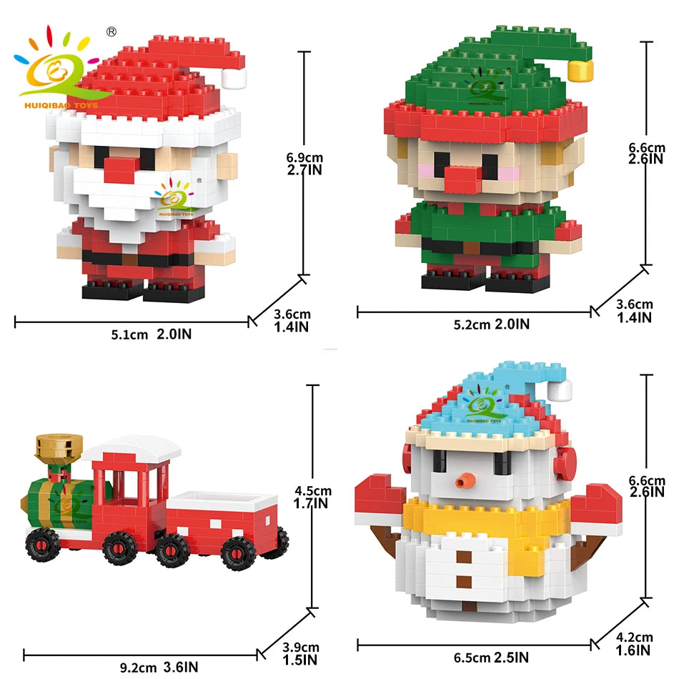Un ensemble de figurines de Noël en blocs de construction : un Père Noël, un elfe et un bonhomme de neige festif.