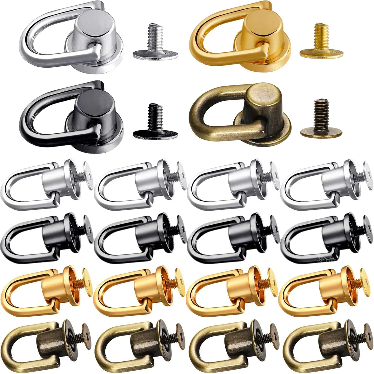 A collection of vintage metal D-ring buckle clips and hardware in various finishes and sizes.