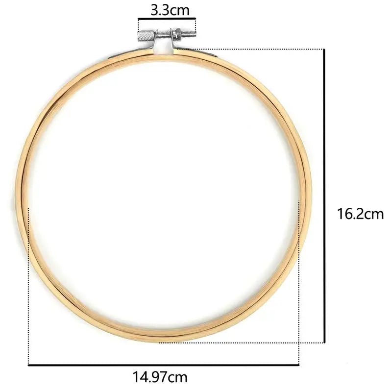 A circular bamboo embroidery hoop with a 16.2cm diameter and a 3.3cm adjustable mechanism.