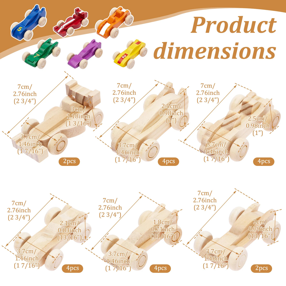 Set of unfinished wooden race cars in various colors and sizes for kids