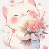 A cute, fluffy white cat is depicted with pink blush marks and holding a bouquet of pink and white flowers.
