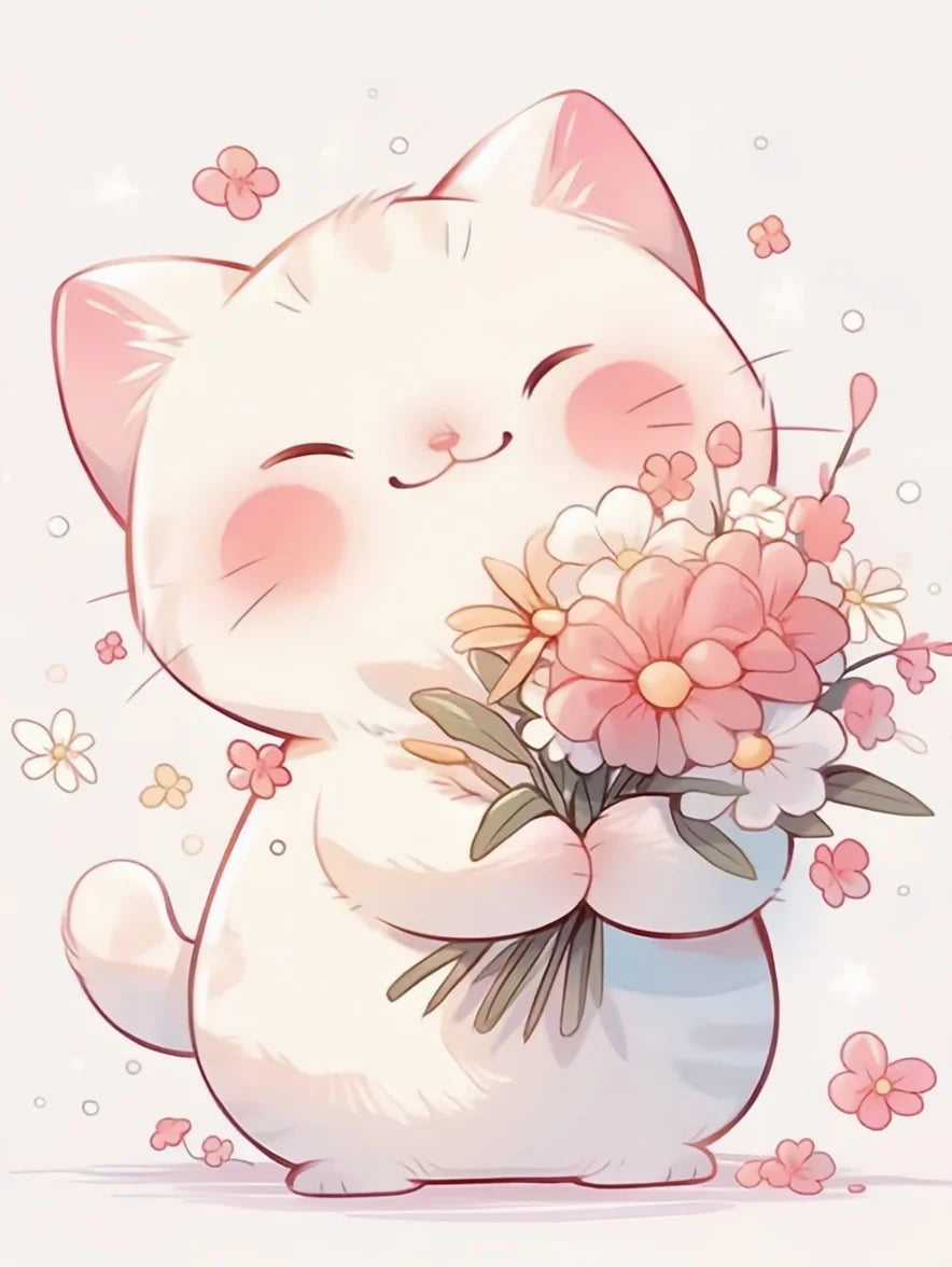 A cute, fluffy white cat is depicted with pink blush marks and holding a bouquet of pink and white flowers.