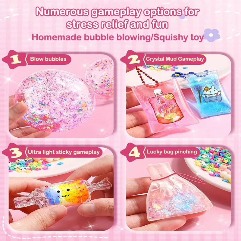 A set of four DIY craft kits including bubble blowing, crystal mud gameplay, ultra light sticky gameplay, and lucky bag pinch