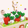 A magnetic wooden shape-matching radish cart toy with various colored vegetables and a rabbit figure.