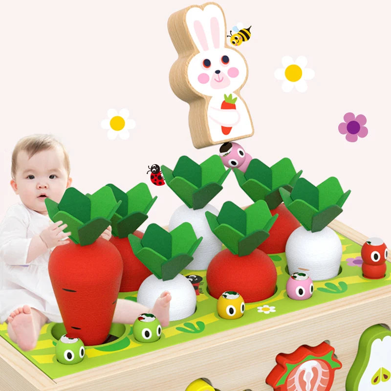 A magnetic wooden shape-matching radish cart toy with various colored vegetables and a rabbit figure.