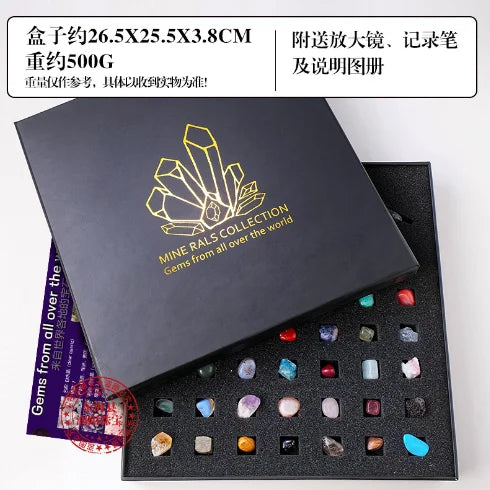 A black gift box containing a collection of natural crystal and mineral specimens displayed in a compartment.