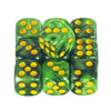 A set of ten green dice with yellow dots, used for board games and RPGs.