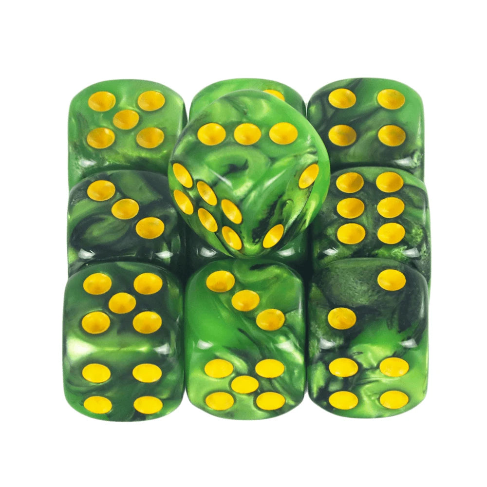 A set of ten green dice with yellow dots, used for board games and RPGs.