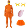An orange full body spandex morph suit with a mustache and eyebrows, shown standing.