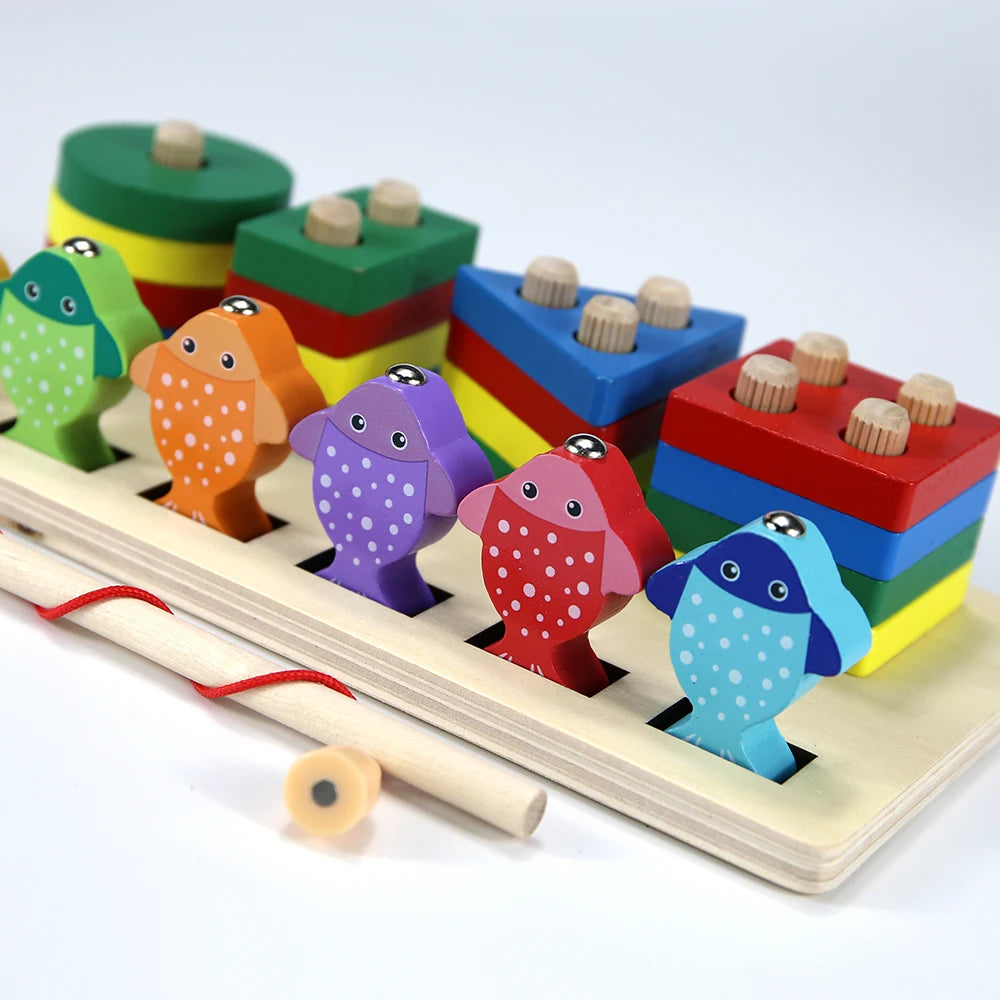 A wooden fishing game featuring colorful geometric blocks shaped like fish for toddlers.