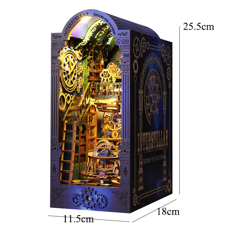 A dark blue miniature bookshelf kit featuring an interior scene with gold accents and LED lights.