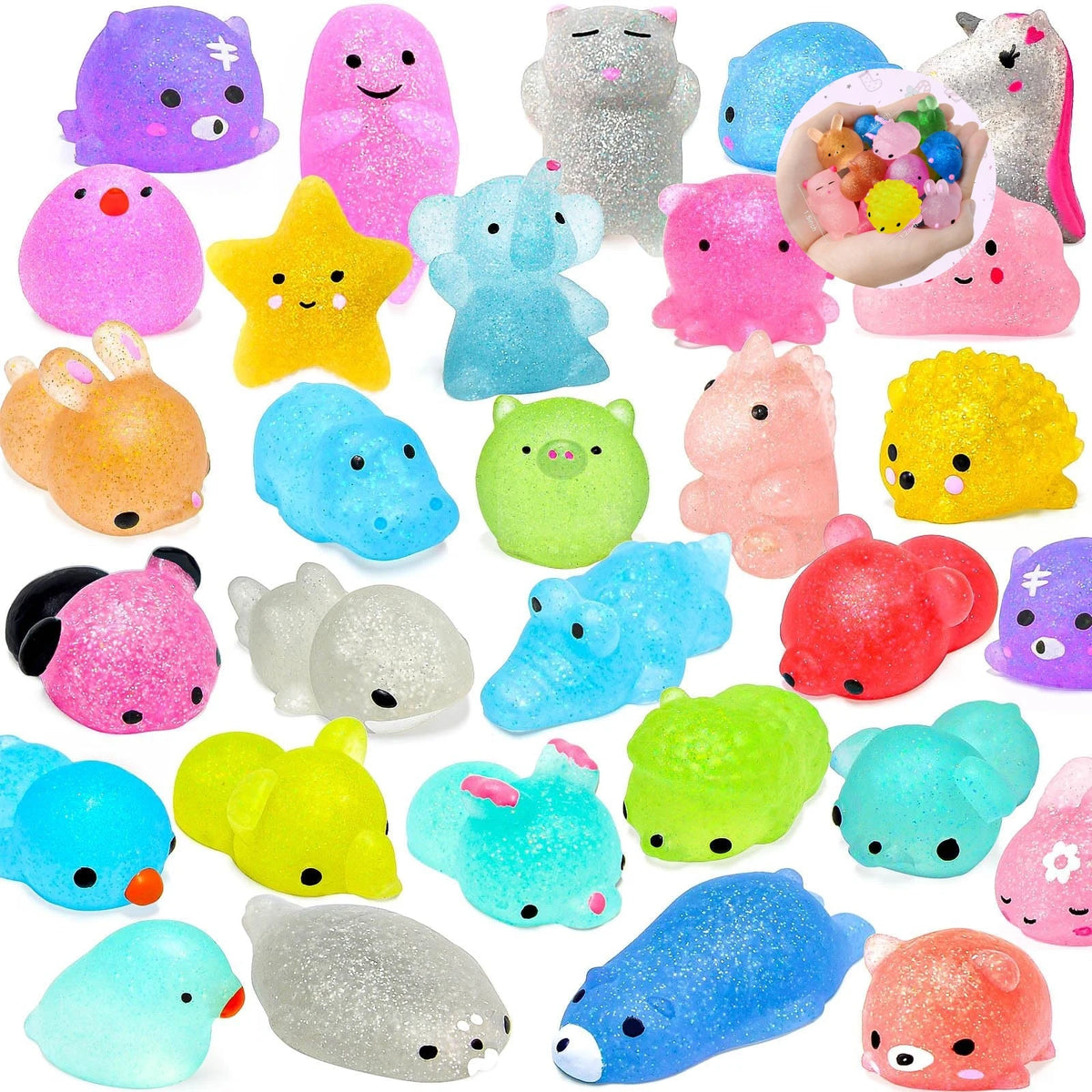 A collection of colorful, squishy, and soft fidget toys shaped like various animals and characters.
