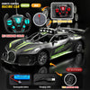 A black and green remote control racing car with accessories including a battery, charging cable, and tire.